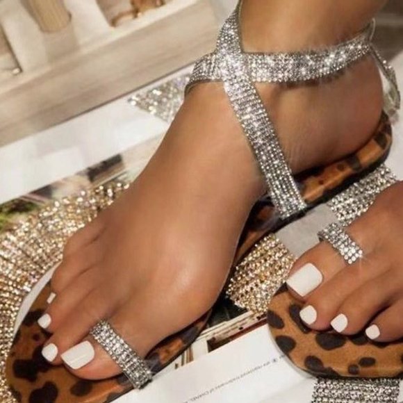 Rhinestone Leopard Toe Ring Ankle Strap Sandals - Picture 1 of 4